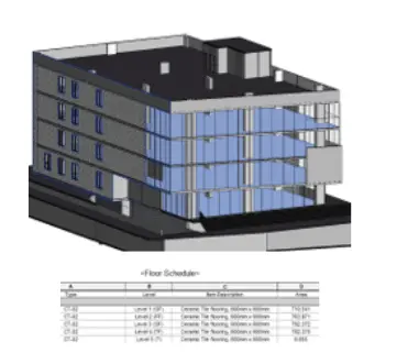 BIM model of a four-storey building above its floor schedule