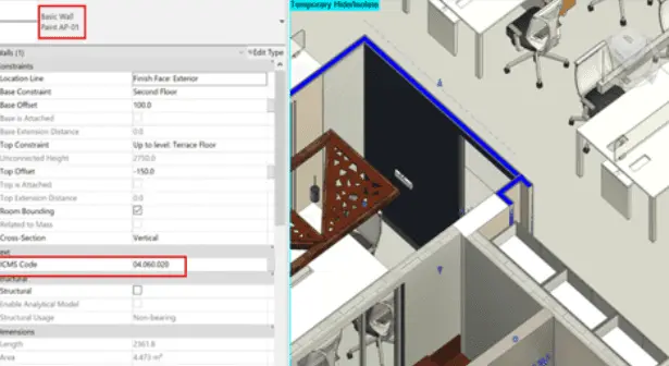 BIM model of a fit-out room beside its quantity schedule in the modelling software