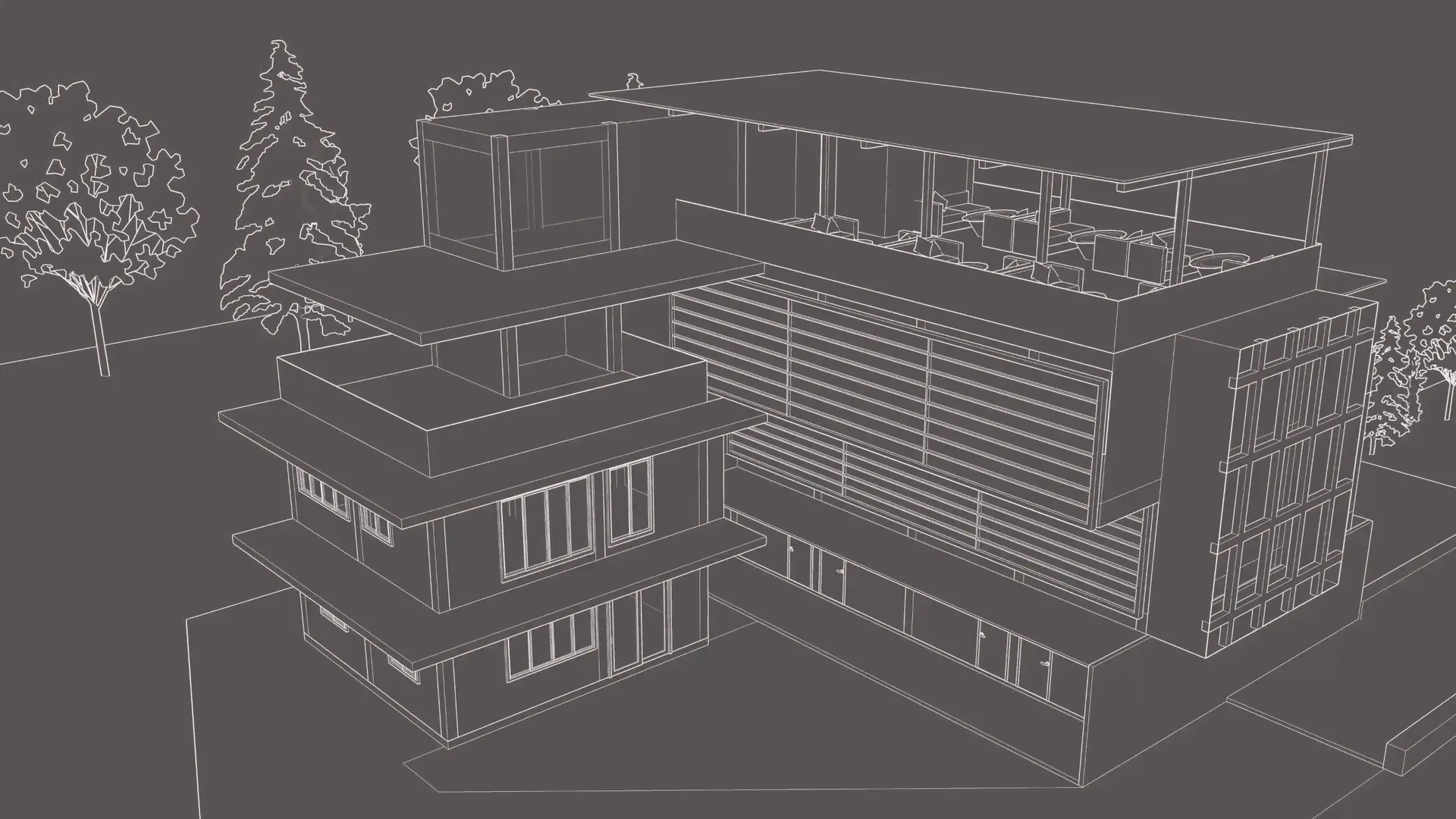 A line drawing of the finished building model
